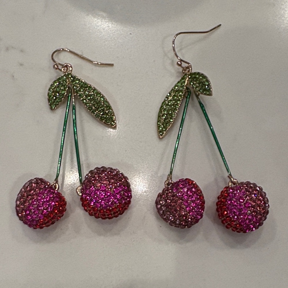 Cherry Dangle Earrings with Green Leaves